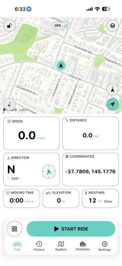 Live Ride's ride screen showing a live map, GPS status, speed, distance, direction, coordinates, moving time, elevation and weather tiles.