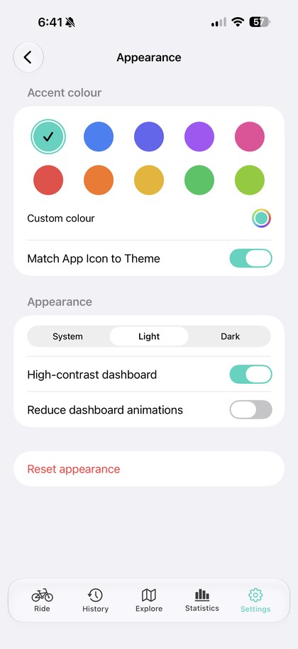 Live Ride's appearance settings showing ten accent colour presets, a custom colour picker, and light, dark and high-contrast options.